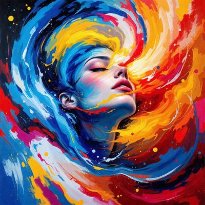 The primary subject of the image is a woman's face, which is the main focus of the painting. The setting is a colorful, abstract background that complements the woman's face. The visual style is a combination of digital art and illustration, creating a unique and vibrant painting. The colors and mood of the painting are lively and energetic, with a mix of bright and bold colors that create a sense of movement and dynamism.
